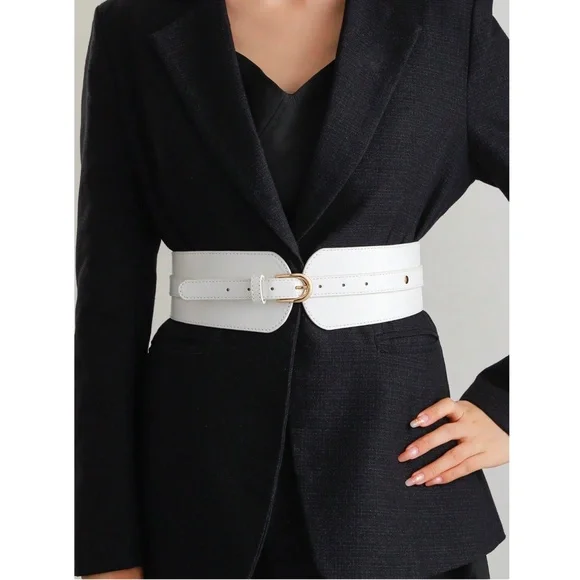 PU Wide White Belt Gold Tone Buckle - Picture 5 of 5